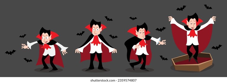 Set of Dracula vampire . Halloween cartoon characters . Gray isolate background . Vector .