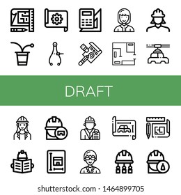 Set of draft icons such as Blueprint, Beer pong, Caliper, Engineering, Draft, Technician, Engineer, Manufacturer, Architect , draft