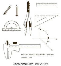 Set of drafting instrument: pencil, ruler, protractor, compass, triangle, beam caliper, angle, axis.