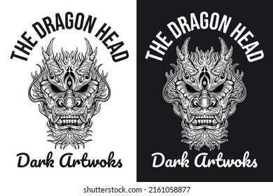 Set Dragon Beast Head Hand drawn Hatching Outline Symbol Tattoo Merchandise T-shirt Merch vintage