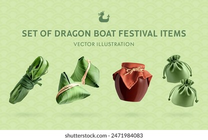 Un conjunto de Dragon Boat Festival 3D Artículos de Vector: Zongzi, Realgar Wine, Sachet, Mugwort Paquete, Lemongrass Paquete