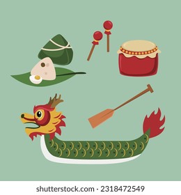 Set of Dragon Boat Festival elements, zongzi dumplings, Dragon, Fortune, bamboo leaves. Isolated objects. Hand drawn vector illustration. Traditional food rice dumpling from bamboo steamer.