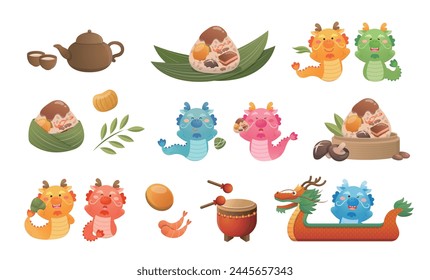 Set of Dragon Boat Festival elements, glutinous rice dumplings and dragon mascot, teapot and dragon boat with bamboo leaves and drum and steamer, vector illustration