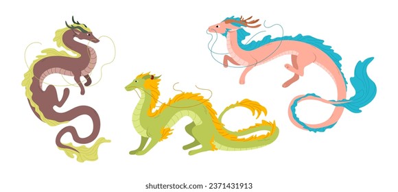 Set of dragon for Chinese new year 2024. Symbol Year of dragon isolated on white background. Flying dragon in flat style. Zodiac cartoon character. Asian lunar calendar talisman. Vector illustration