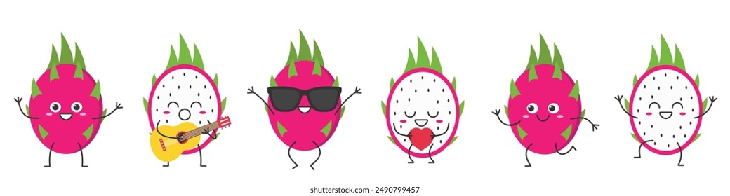 Set Dragon Fruit Charakter Cartoon Gruß Springen liebt Singen laufen niedlich lustig lächelnde Gesicht Happy Joy Emotions Ikone Pitahaya Vektorillustration.