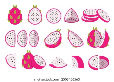 Set of ًwhite Dragon fruit, Farm fresh Dragon fruit product emblem for grocery shop, Slides, long and cross sections, and different positions, simple flat vector illustration of vegetables and fruits.