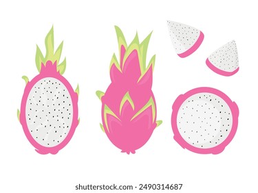 Set of dragon fruit. Pitaya or pitahaya whole, sliced and half. Tropical exotic fruit on a white background. Vector illustration.
