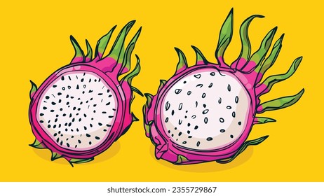 Conjunto de frutos Dragones, Ilustración vectorial en un estilo de boceto de línea, boceto plano a mano, fruta colorida con sombra y luz, aislada en fondo de color.