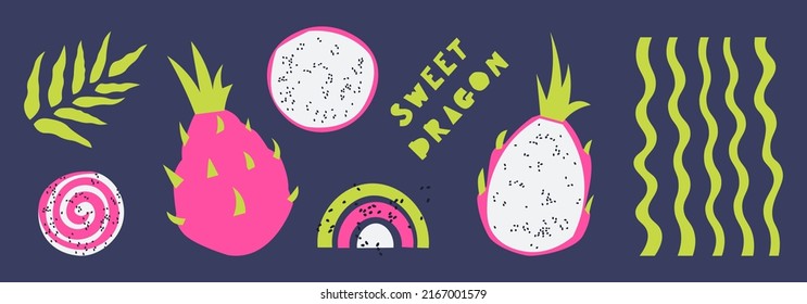 Set of dragon fruit - whole, cut, slices. Vector flat elements for design