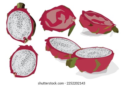Set of dragon fruits half sliced full and empty fruit, seeds. Colorful fruits.