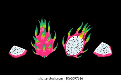 Set of dragon fruits, also known as pitayas, isolated on black background. Vector Illustration of the exotic tropical food.