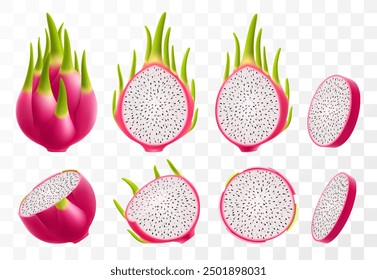 Set of Dragon fruits. Whole and pieces of ripe Pitaya, cut pitahaya with white flesh and black seeds. Exotic fruits isolated on transparent background. Tropical food. Realistic 3d vector illustration