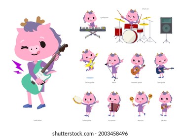 A set of Dragon girl playing rock 'n' roll and pop music.It's vector art so it's easy to edit.