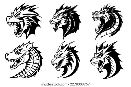 Set of dragon heads with open mouth and bared fangs, with different angry expressions of the muzzle. Symbols for tattoo, emblem or logo, isolated on a white background.