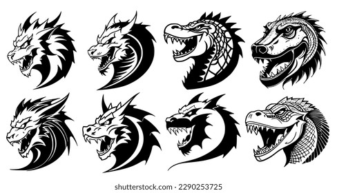 Set of dragon heads with open mouth and bared fangs, with different angry expressions of the muzzle. Symbols for tattoo, emblem or logo, isolated on a white background.
