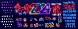 Set Of Dragon Icons In Different Poses. Fire-breathing Red Chinese Dragons In Neon Style. China Lunar Calendar Animal 2024 Happy New Year. Red Blue Neon Style On Black Background. Light Icon 2024.