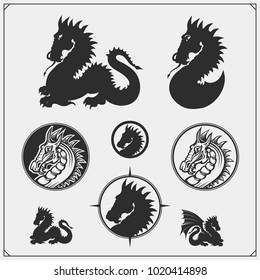 Set of Dragon logos, badges and labels. Dragon emblems for sport club.