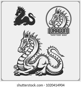 Set of Dragon logos, badges and labels. Dragon emblems for sport club.