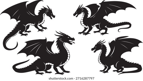 Set of dragon silhouettes vector. fantasy dragon creatures. various poses. mythical beasts. medieval legends. strong dragons.