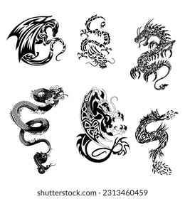 a set of dragon tattoo sketches. Vector black and white EPS 10 drawing
