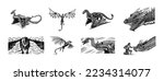 Set of Dragon in Vintage style. Mythological animal or traditional reptile. Symbol for tattoo or label. Engraved hand drawn line art old monochrome sketch, ink. Vector illustration. 