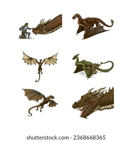 Set of Dragon in Vintage style. Mythological animal or traditional reptile. Symbol for tattoo or label. Engraved hand drawn line art old monochrome sketch, ink. Vector illustration. 
