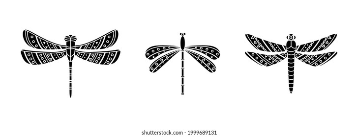 Conjunto de libélulas en estilos boho. Ilustración tribal geométrica en un estilo simple. 