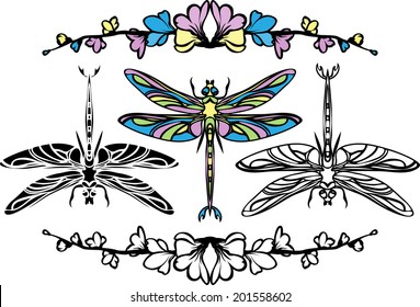 Set dragonflies, color, stencil and black variants