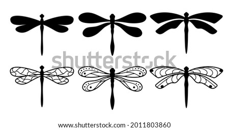 Set of dragonflies silhouettes. Simple vector isolated.