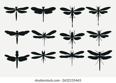 Conjunto de libélulas silhueta. Coleção de libélulas voadoras ilustração vetor