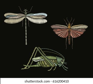 Set of dragonfly, butterfly and grasshopper. Vintage decorative element for embroidery, patches and stickers. Vector illustration