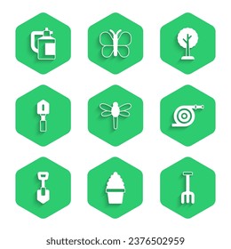 Set Dragonfly, Cactus peyote in pot, Garden rake, hose, Shovel, Forest and sprayer for fertilizer icon. Vector