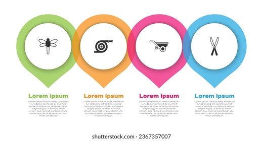 Ponga la libélula, la manguera de jardín, la carretilla con suciedad y las tijeras artesanales de jardinería. Plantilla de infografía empresarial. Vector