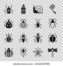 Set Dragonfly, Mite, Cockroach, Snail, Chafer beetle, Ladybug, Beetle and  icon. Vector