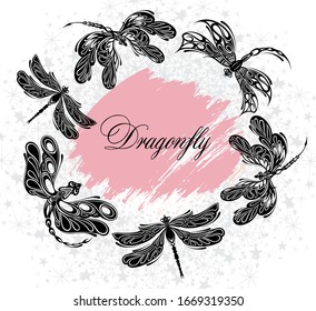 Set of dragonfly silhouettes, insects, on white background