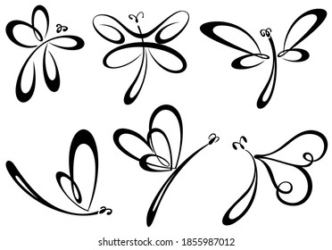 Set of dragonfly silhouettes, insects, on white background