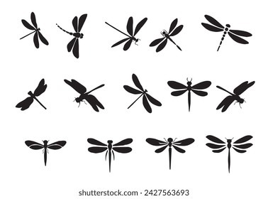 set of dragonfly silhouettes, insects, on white background