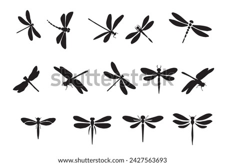 set of dragonfly silhouettes, insects, on white background