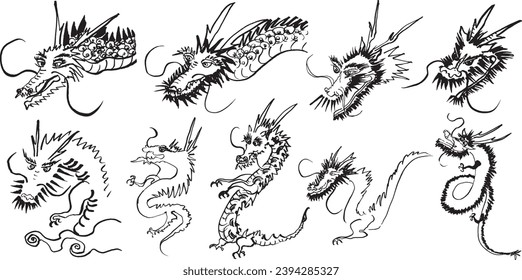 Set of dragons. brush stroke illustration. hand drawn illustration.