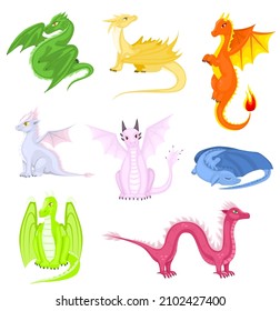 Set of dragons cartoon on white background. Fairy cute dragonfly icons collection. Baby fire dragon or dinosaur cute characters isolated vector.