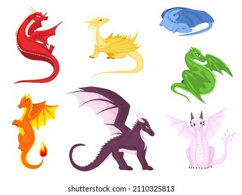 Set of dragons cartoon on white background. Fairy cute dragonfly icons collection. Baby fire dragon or dinosaur cute characters isolated vector.