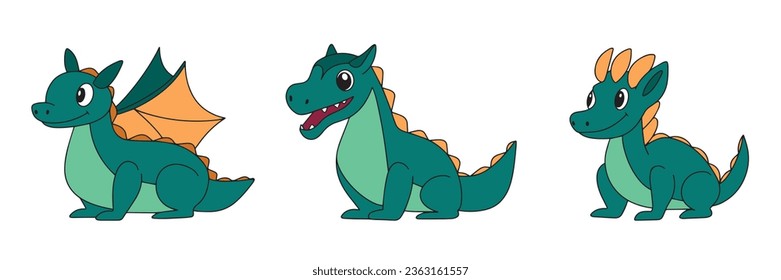 Set of dragons colored outline. Hand drawn green dragons vector illustraiton. 