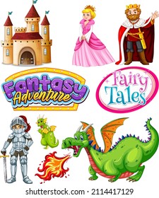 Set of dragons and fairy tale cartoon characters illustration