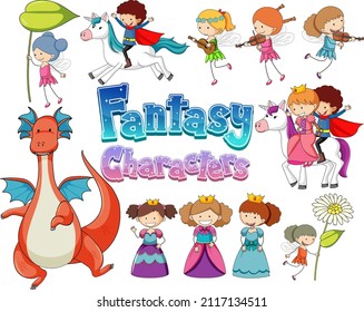 Set of dragons and fairy tale cartoon characters illustration