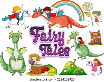 Set of dragons and fairy tale cartoon characters illustration