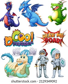 Set of dragons and fairy tale cartoon characters illustration