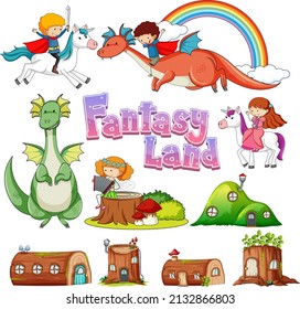 Set of dragons and fairy tale cartoon characters illustration