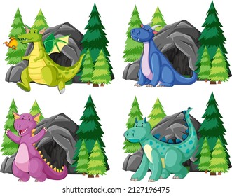 Set of dragons in front of big cave illustration