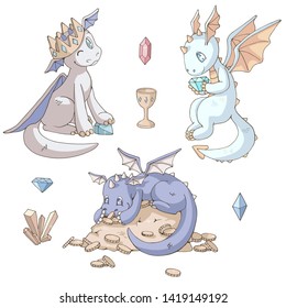 Set of dragons and his treasures. Three cute cartoon dragons, gemstones and golden coins. Isolated objects on white background.Decor elements for gift card and kids products. Vector illustration.