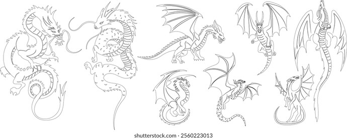 set of dragons set on white background, vector